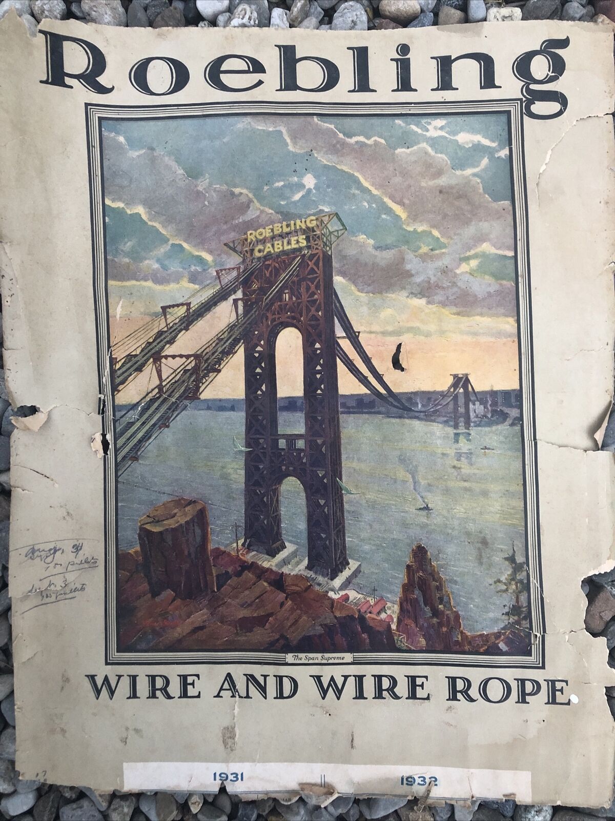Antique ROEBLING Advertising Calendar Lithograph Geo Washington Bridge 1931