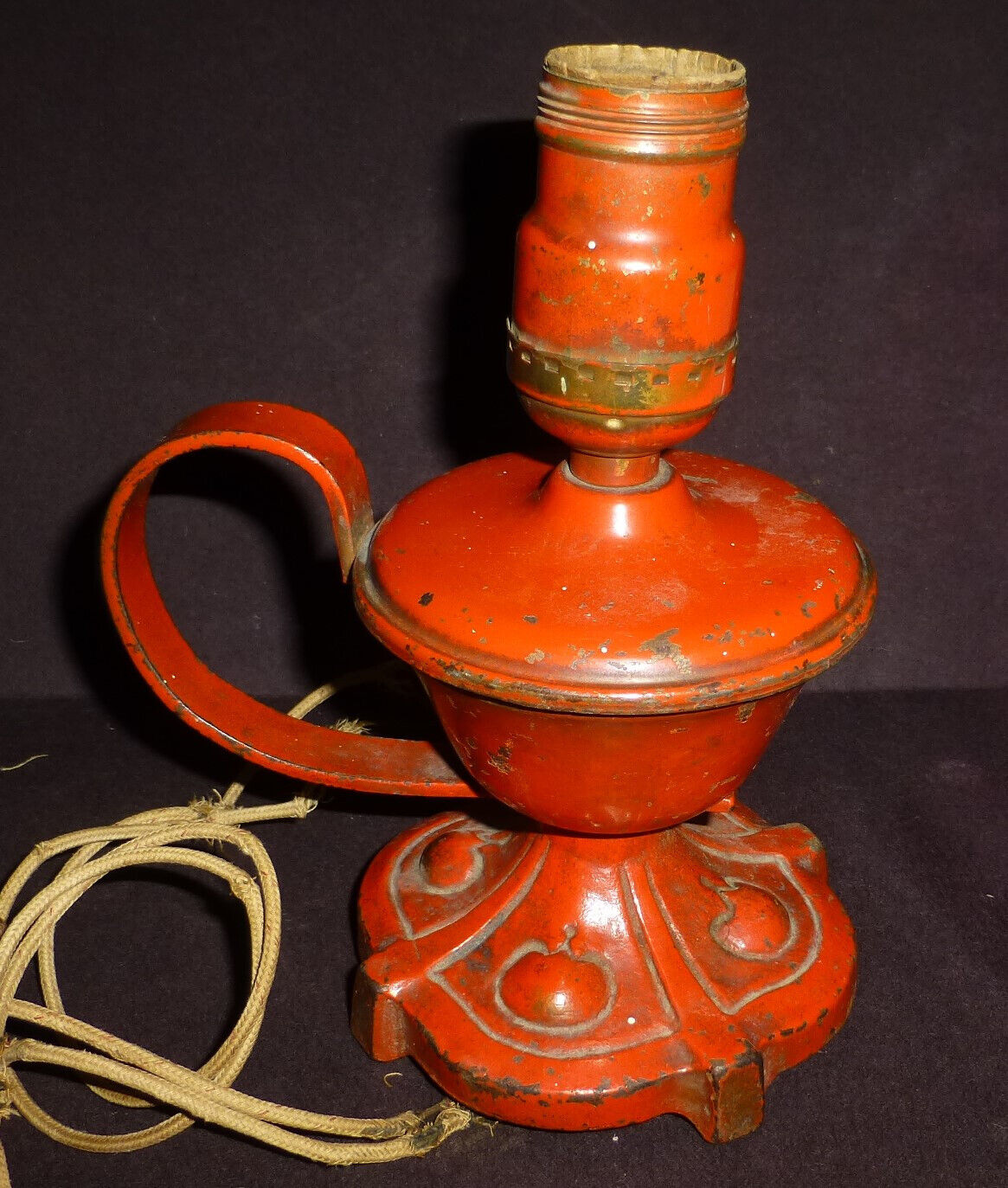 Small Antique Tudor Gothic Industrial Cast Iron Base Red Lamp Federal Socket OLD