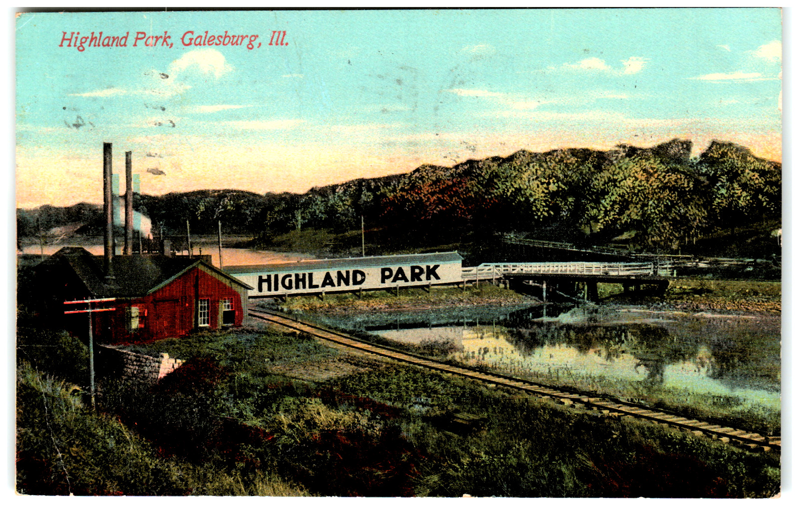 Postcard Vintage 1910 Highland Park Covered Bridge Galesburg, IL