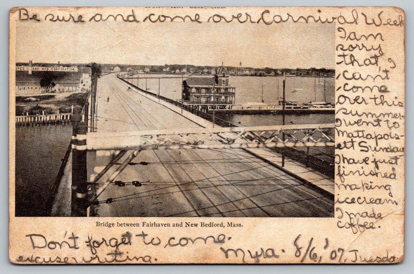 Bridge Between Fairhaven & New Bedford Mass C1901 UDB Postcard