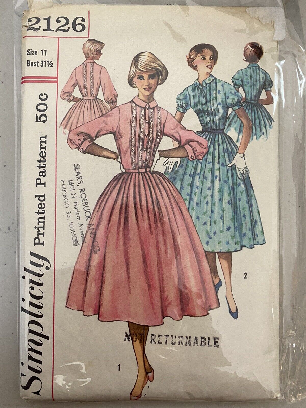 1957 Simplicity 2126 Tucked Front Top Stitched Bodice 1 Piece Party Dress 11 B31
