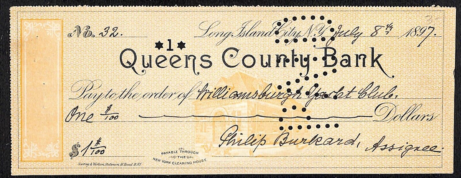 Long Island City, NY 1897 Queens County Bank Check w/ \