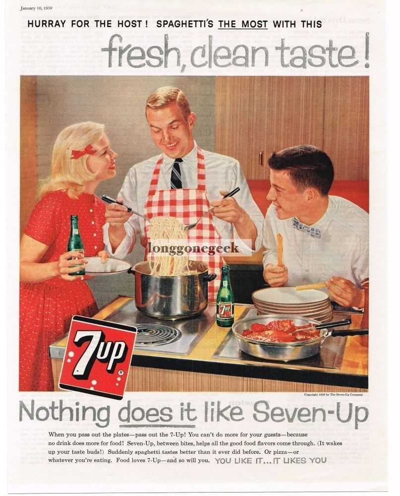1959 Seven Up 7 Soda Dad Cooking Spaghetti Vintage Print Ad 