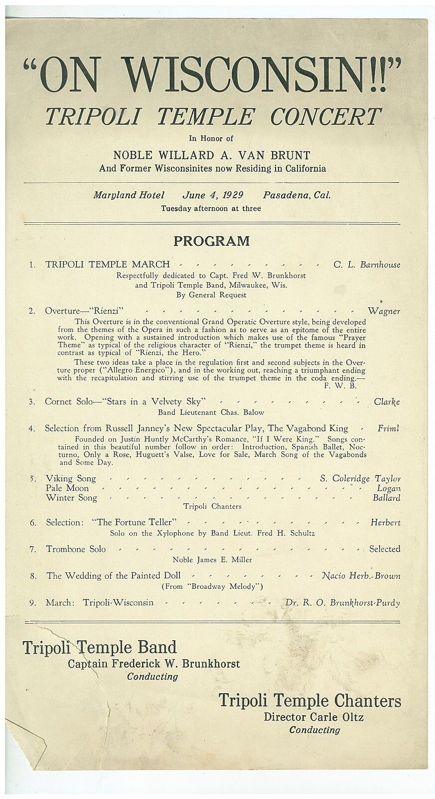 1929 Milwaukee Trpoli Shriner Temple Concert On Wisconsin Broadside