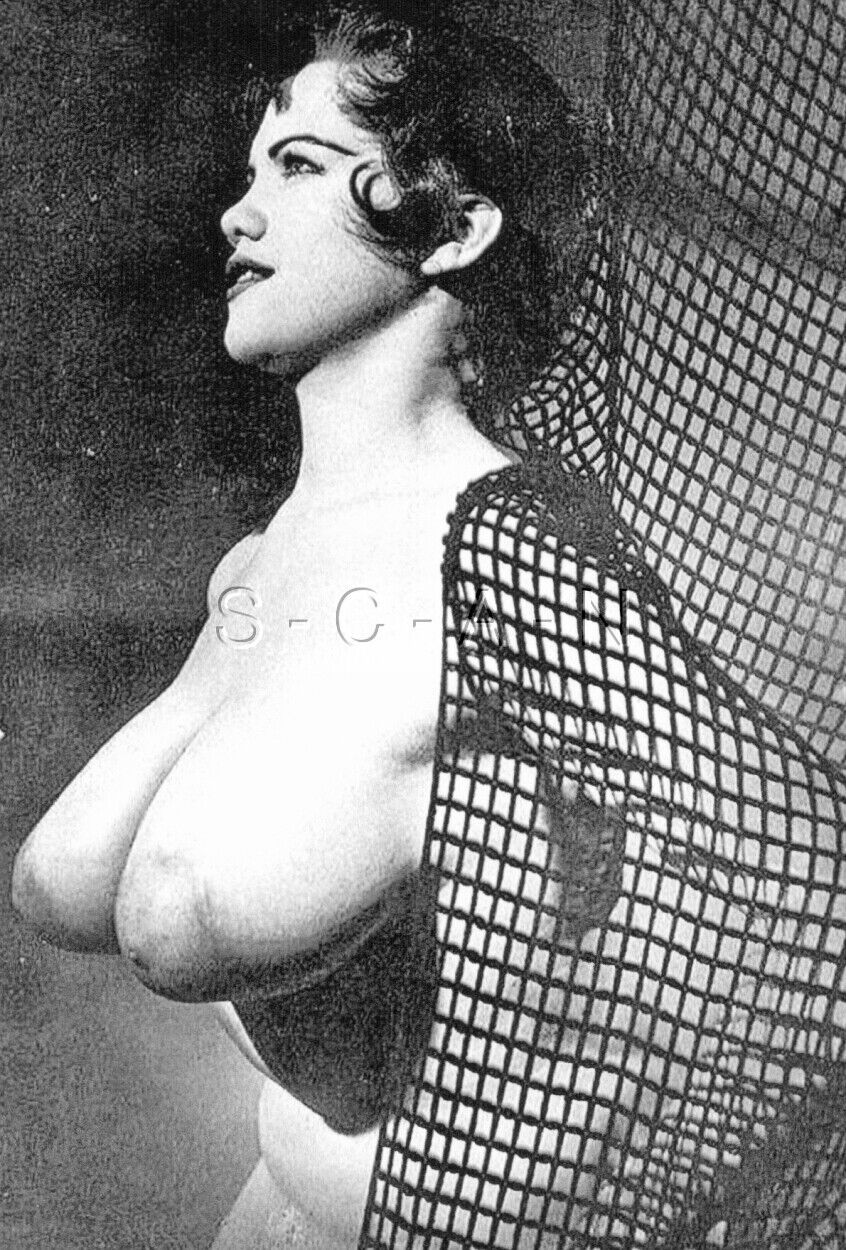 Nude B/W Real Photo- Super Endowed Woman- Gigantic- Short Hair- Fishnet Covering