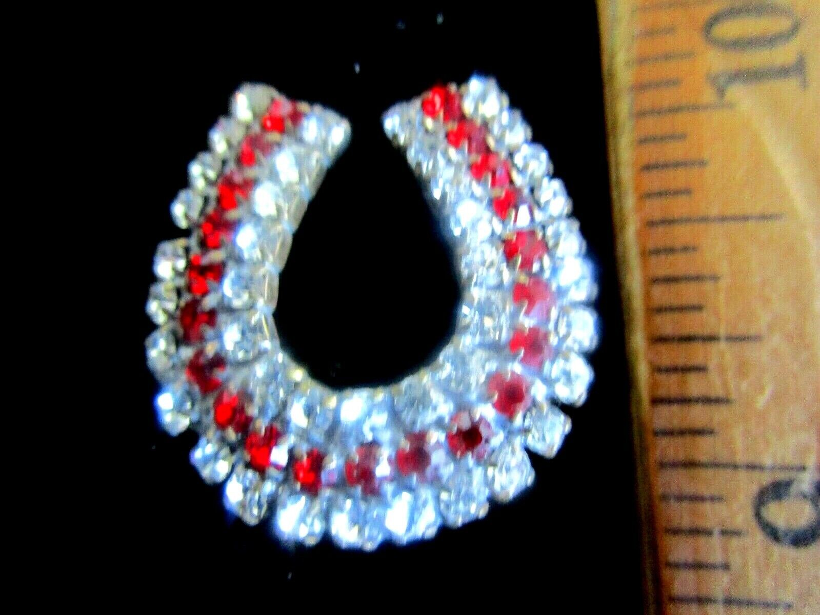 Gorgeous Czech Vintage Glass Rhinestone Button   Crystal & Red Horseshoe 