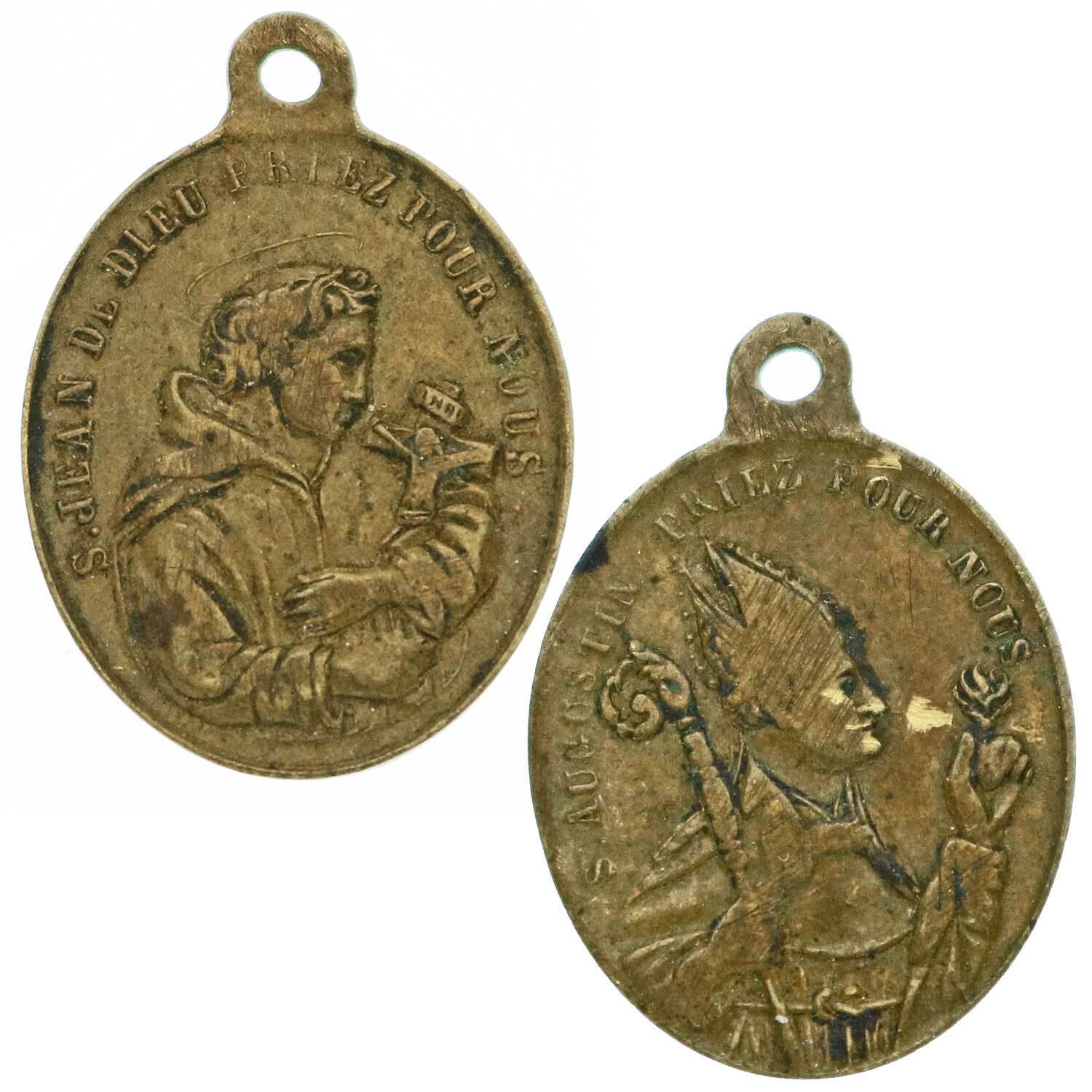 Antique Vintage French Double Saint Medal St Augustin + Jean de Dieu/John of God
