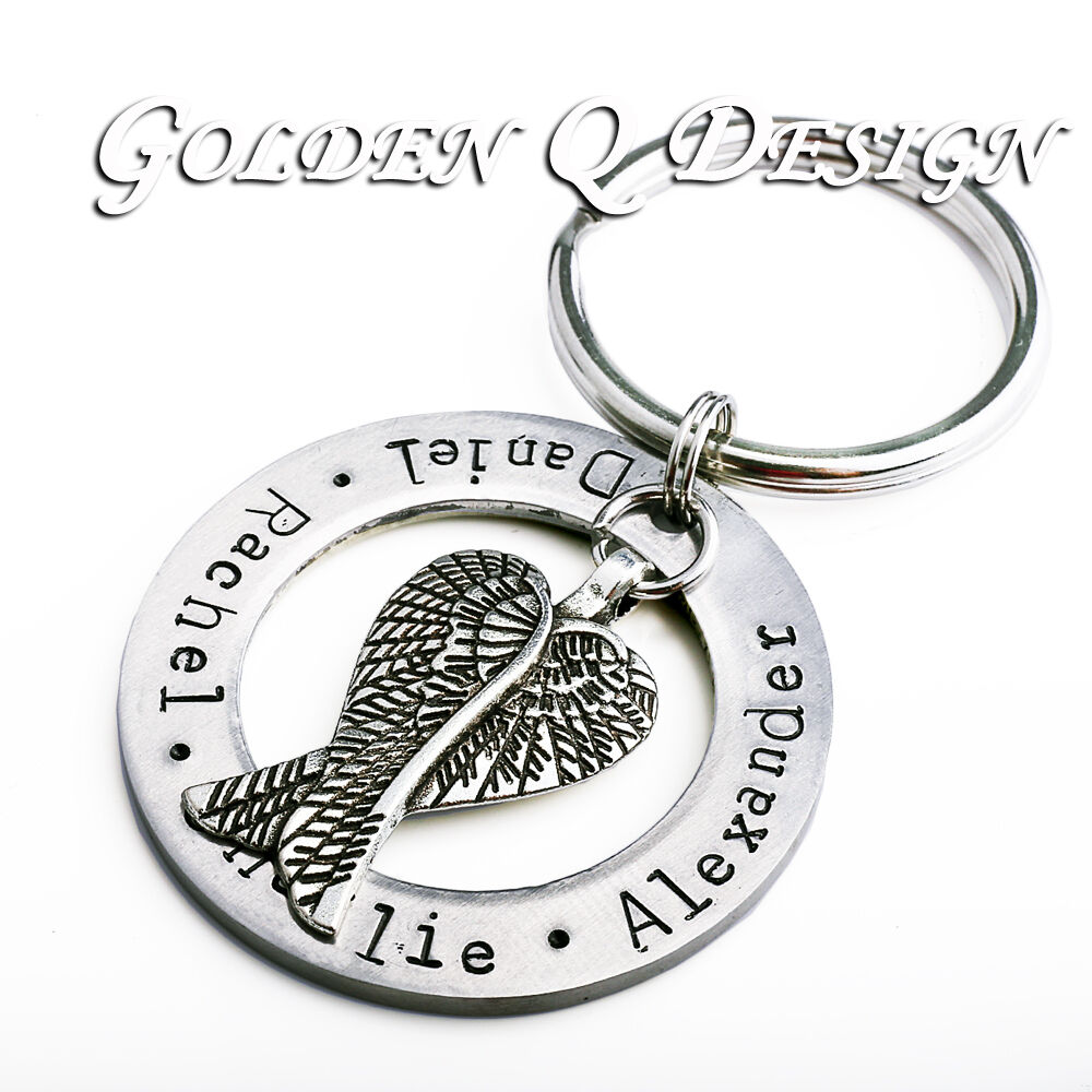 Personalised Hand Stamped Family Names Wings Key rings Gift Father day D183