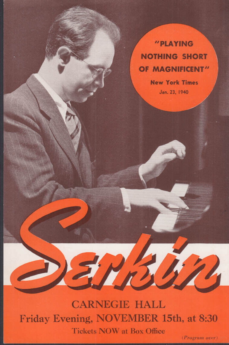 Pianist Rudolf Serkin at Carnegie Hall flyer 11/15 1940