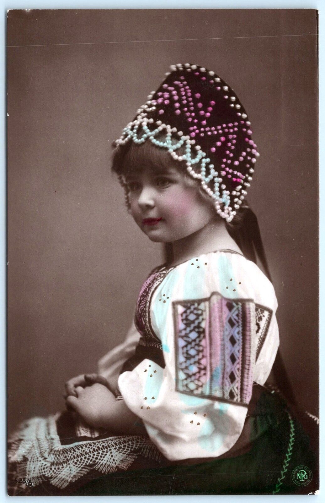 LITTLE BEAUTY IN TRADITIONAL SLAVIC COSTUME AMAZING PEARL HAT RPPC