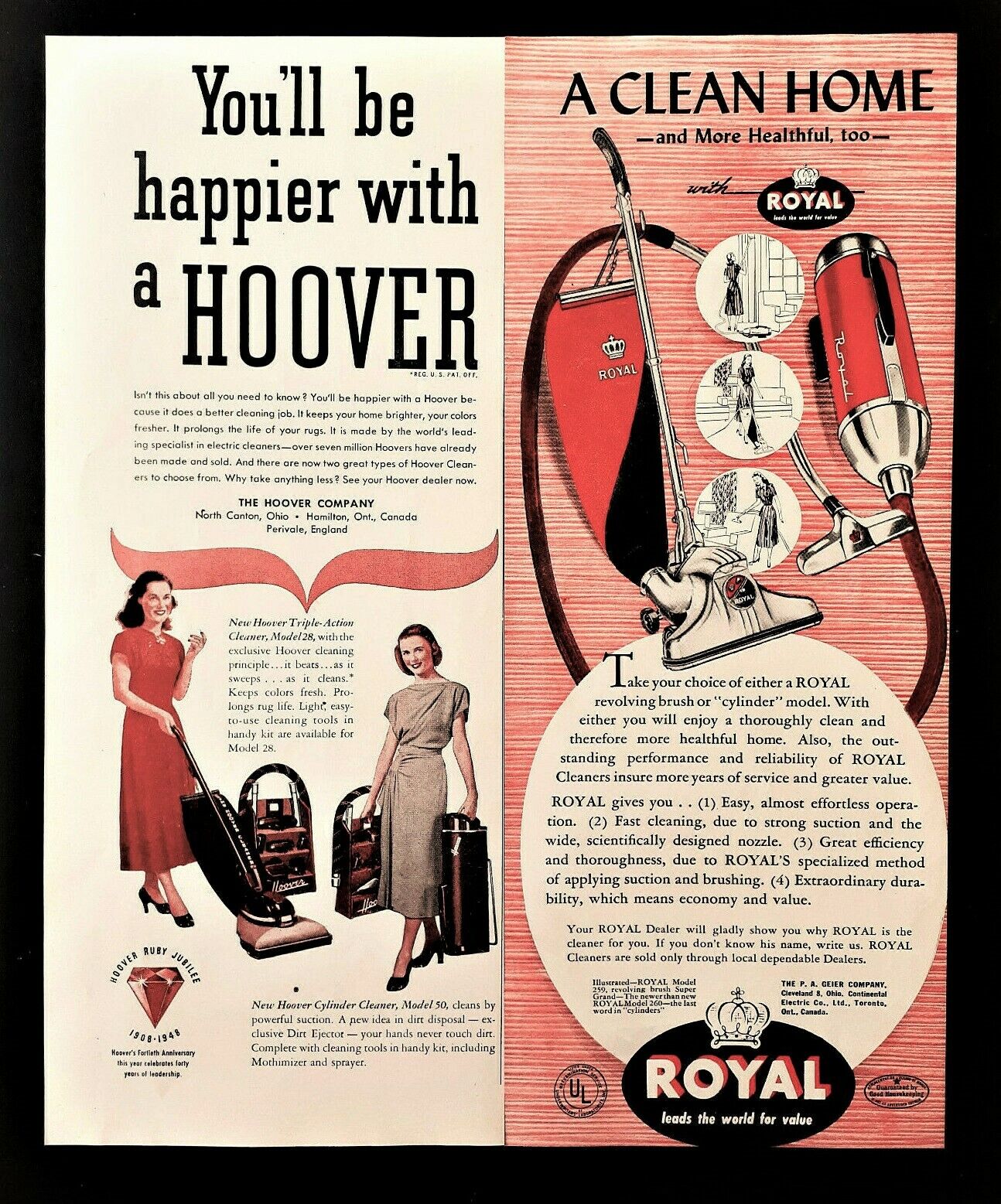 Hoover Royal Vacuum cleaner ad vintage 1948  2 advertisements