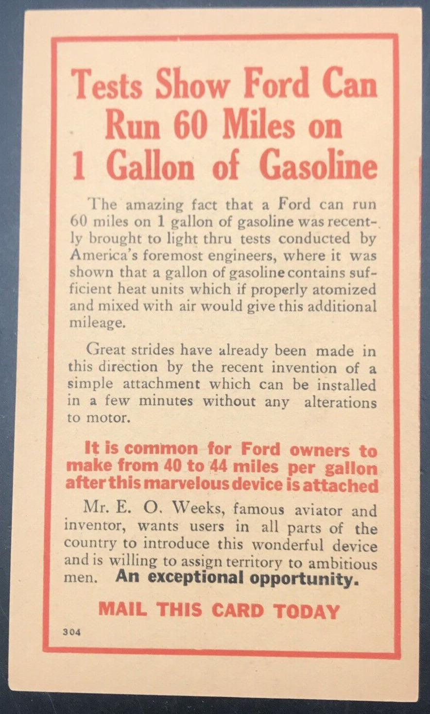 VTG E. O. Weeks Ford Gasoline Additive 60 Miles on 1 Gallon Advertising Postcard