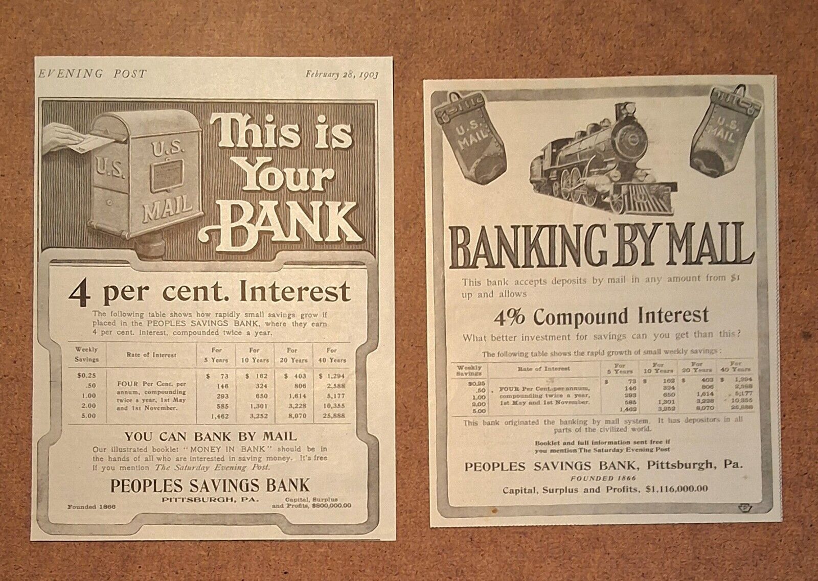 Vintage Antique Old Business Finance Decor - Banking By Mail - 1903 Art AD LOT