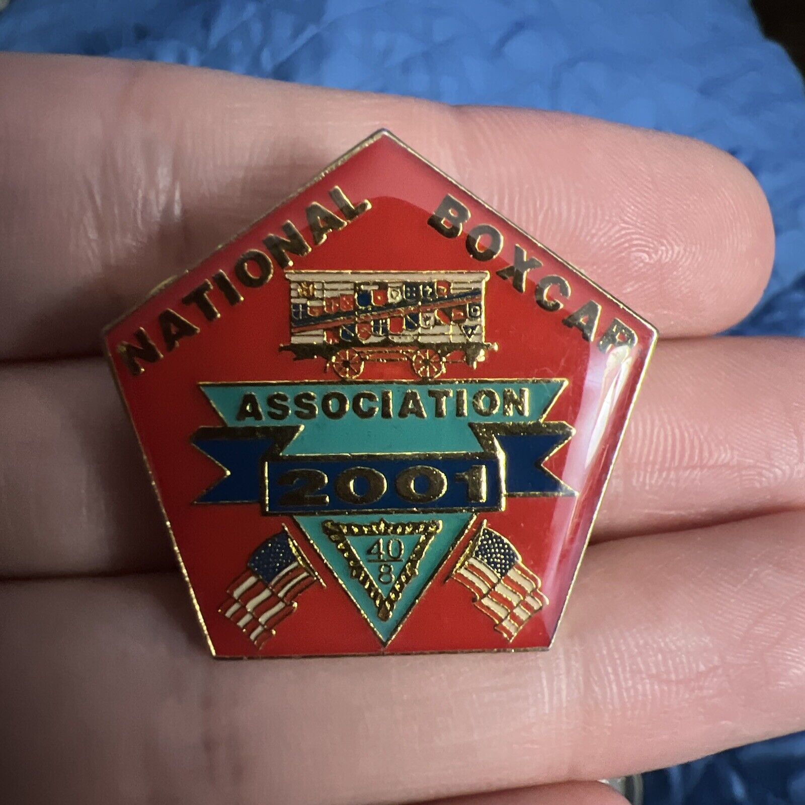 National boxcar association 2001 lapel pin Railroad Train 40 8 US flag Vintage 