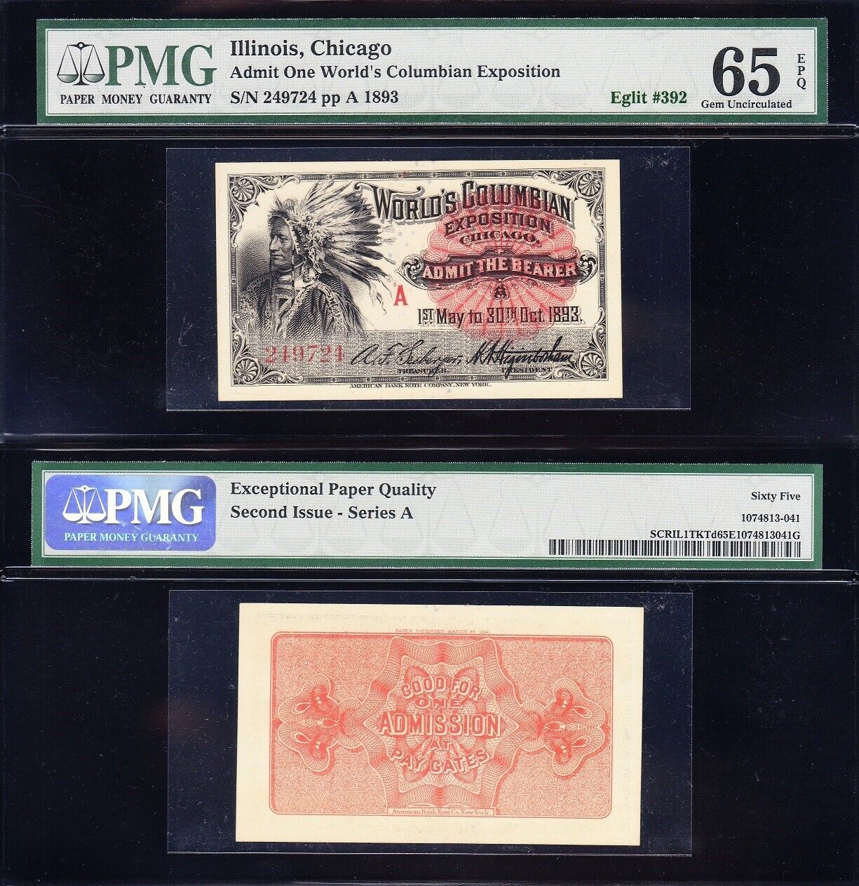 Amazing GEM UNC 1893 INDIAN World\'s Fair Columbian Exposition Ticket PMG 65 EPQ