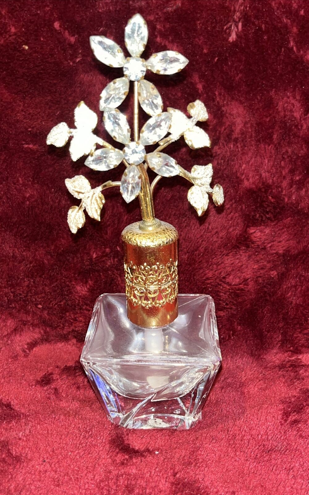 Beautiful Vintage Perfume Bottle Glass Filigree Rhinestone Flowers Austria