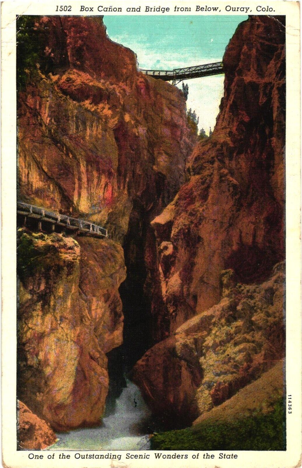 Picturesque Box Cañon and Bridge from Below, Ouray, Colorado Postcard