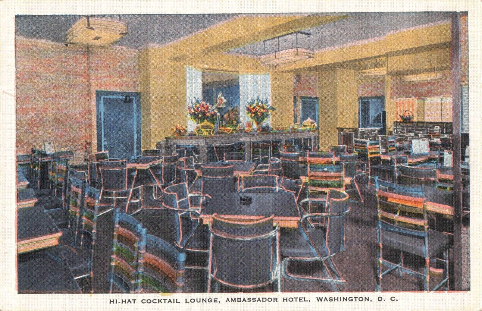 Hi-Hat Cocktail Lounge Interior Ambassador Hotel c.1930\'s Postcard / 10C1-579