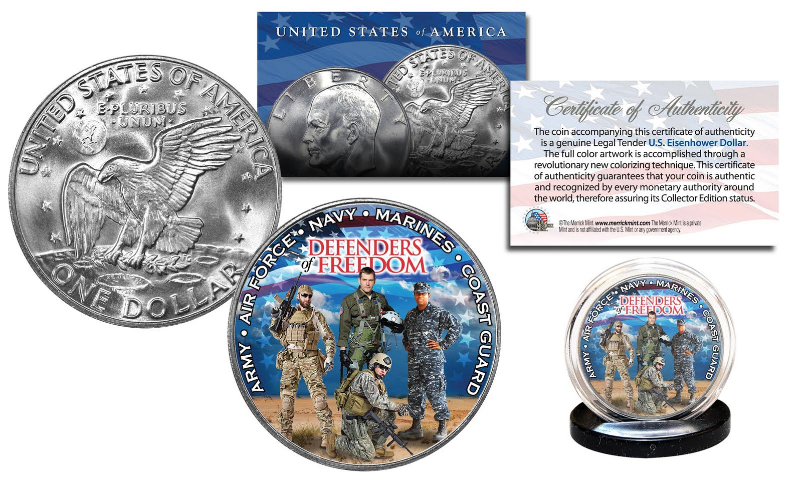 DEFENDERS of FREEDOM U.S. Armed Forces Genuine Tender IKE Eisenhower Dollar Coin