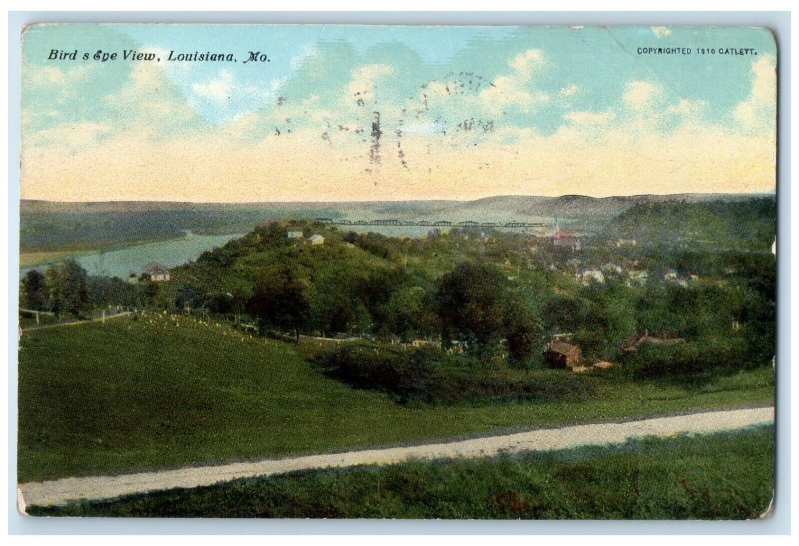 1911 Birds Eye View Field Bridge River Lake Louisiana Missouri Vintage Postcard