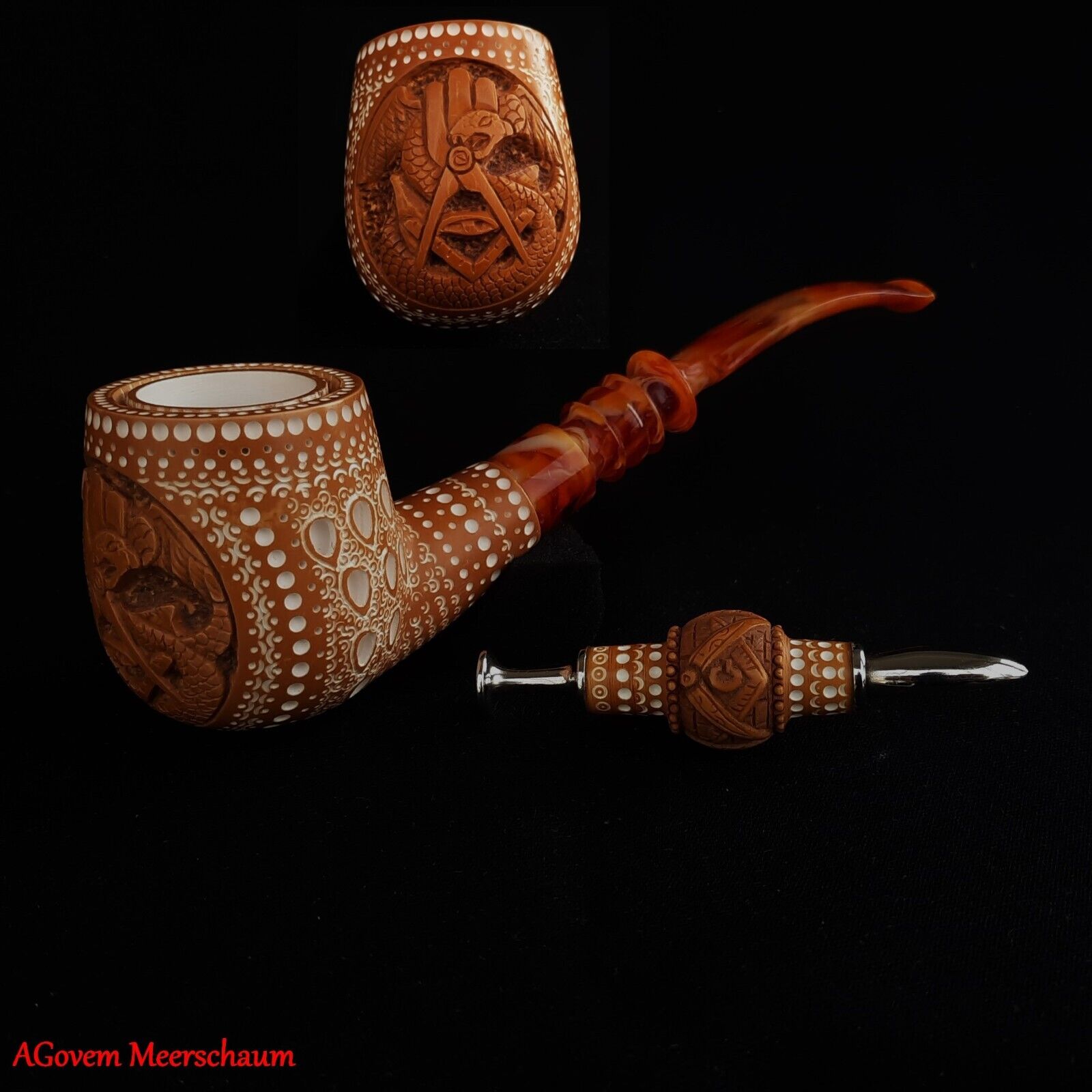 XL Handcarved Masonic Freemasonry Block Meerschaum Smoking Tobacco Pipe AGM-1783