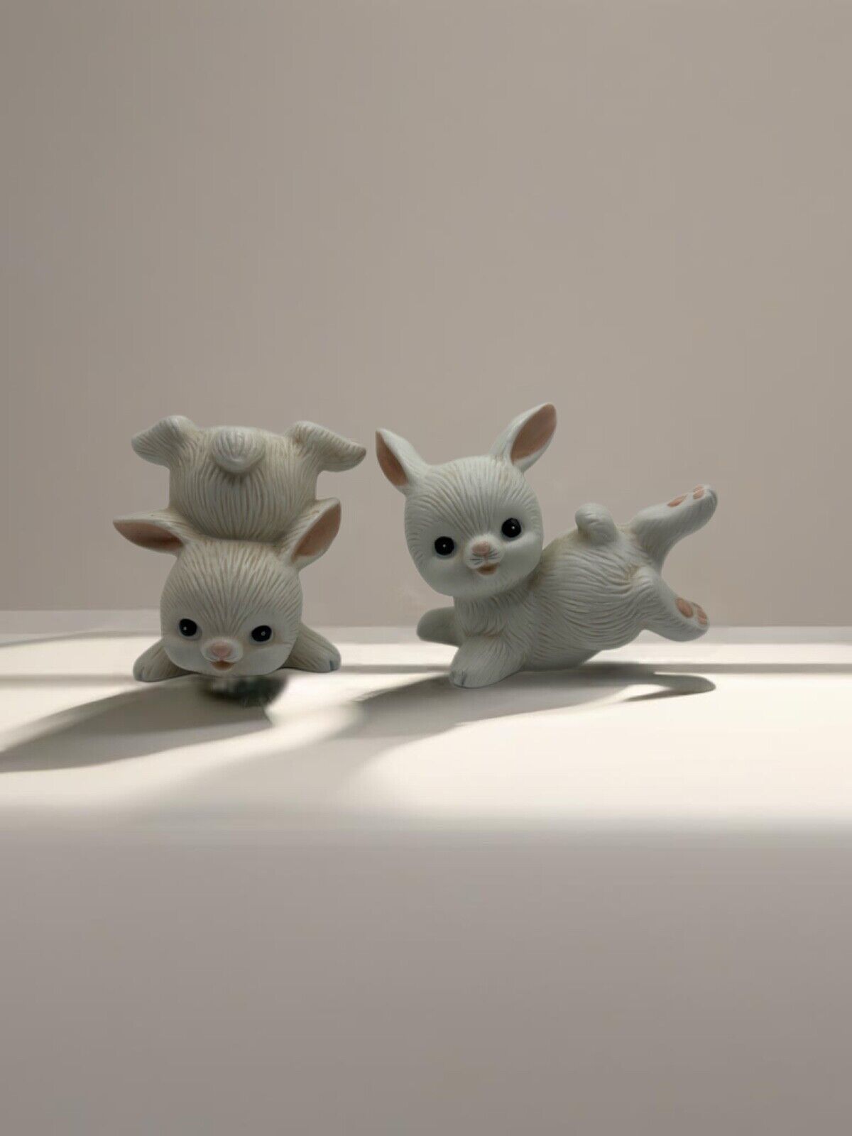 Vintage Homco White Baby Bunny Rabbits Figurines Set of 2 Tumbling Bunnies #1454