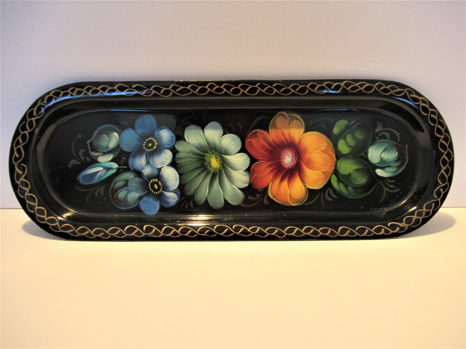 Vibrant Hand Painted Toleware Oval Trinket Tray Flowers Floral Gold Trim