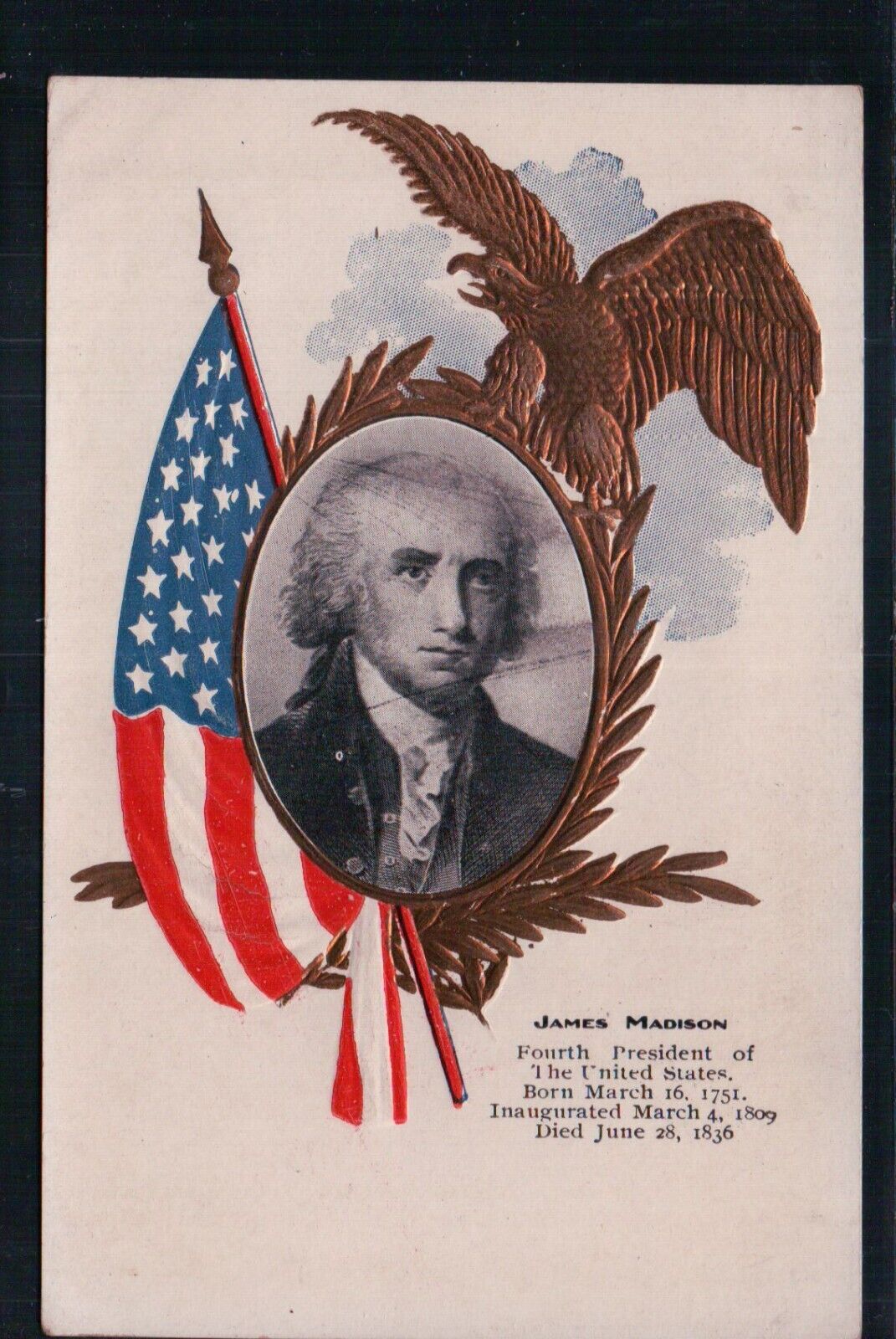 James Madison Unused UDB Patriotic Flags Gold Eagle Vintage Embossed Postcard