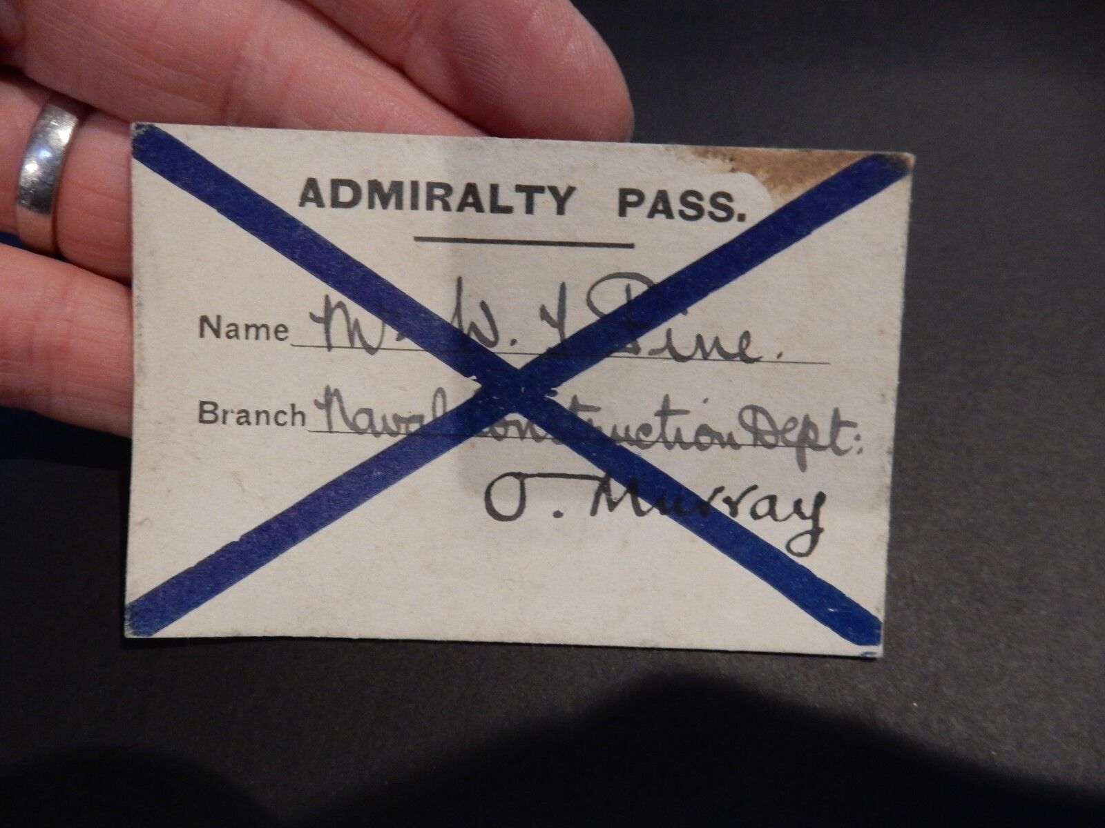 WW1 ADMIRALTY PASS OFFICIAL  IDEAL STAGE FILM PROP ETC STIFF CARD 80 X 55mm navy