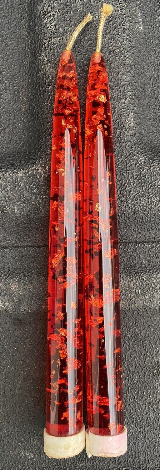 Vintage MCM Mid Century RED LUCITE CANDLE STICKS Gold flakes candles 8\