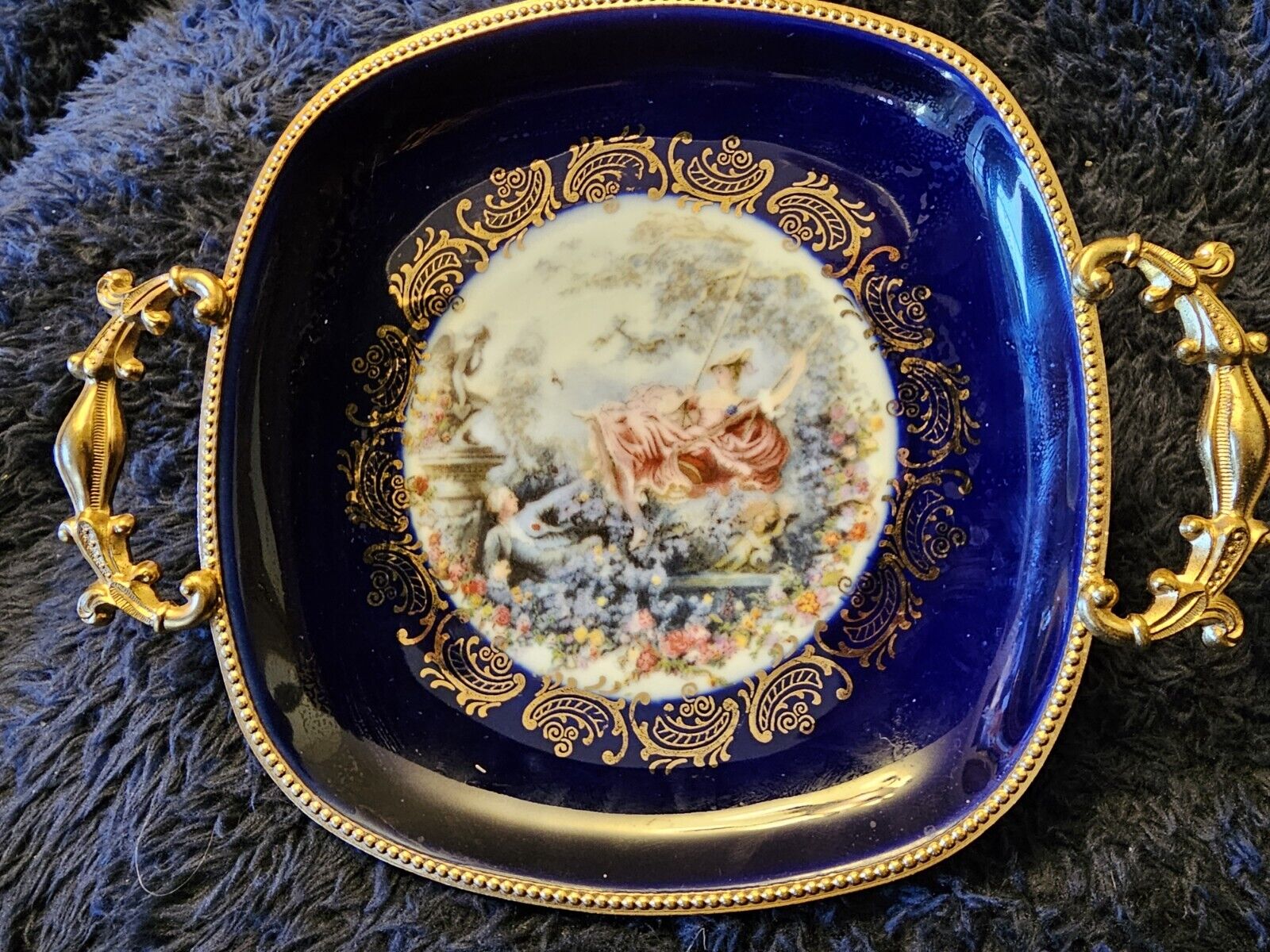 Vintage Limoges France Cobalt Blue Gold Trim Double Handle Dish