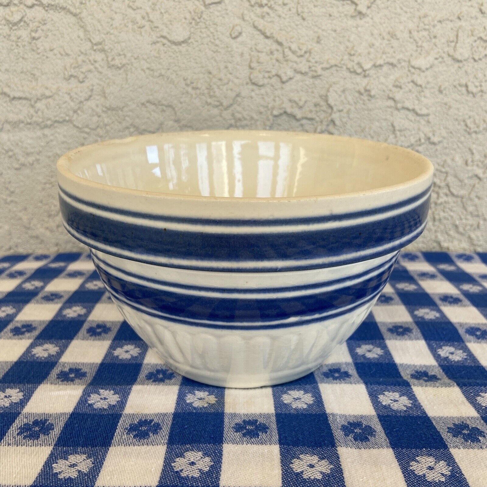 Blue and White Striped 7” Whiteware/Crockery Vintage Mixing Bowl - 1940s
