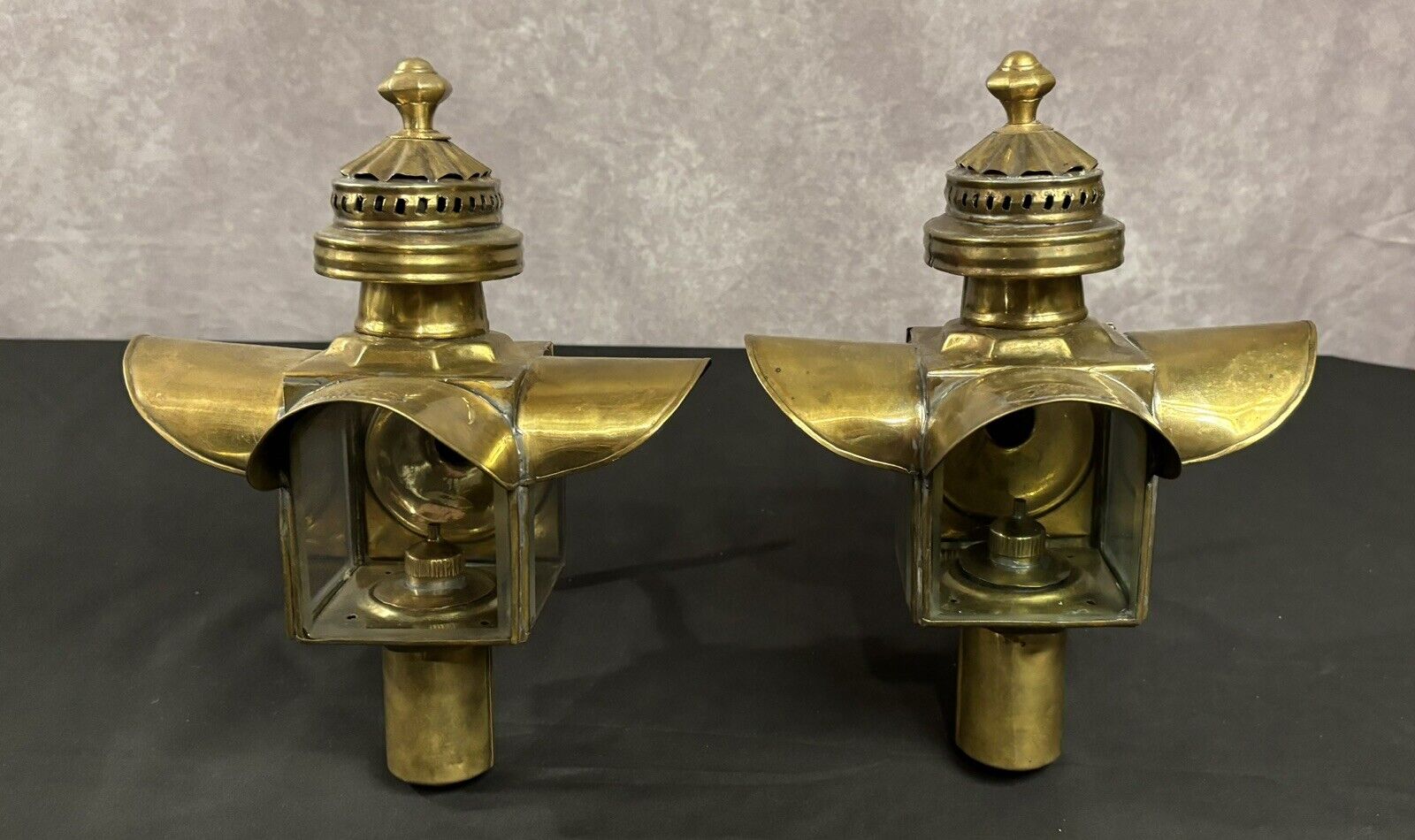 Antique Brass Carriage Lamps Headlamps Vintage Early 1900s Oil Burners & Mounts