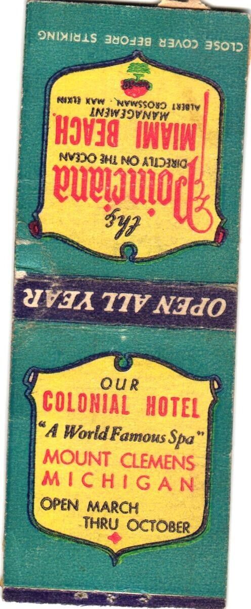 Our Colonial Hotel, Mount Clemens, Michigan, Vintage Matchbook Cover
