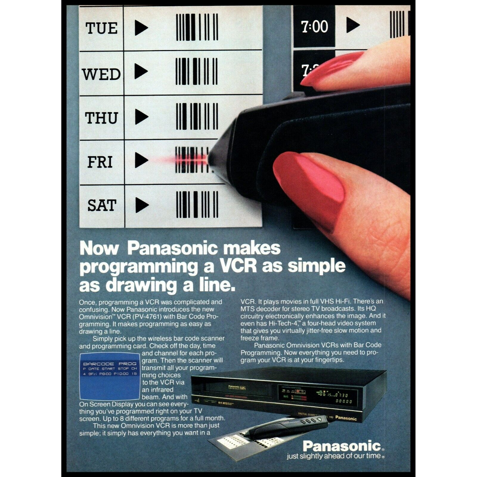 1987 Panasonic Omnivision VCR Vintage Print Ad PV-7461 Progammable Wall Art 80s