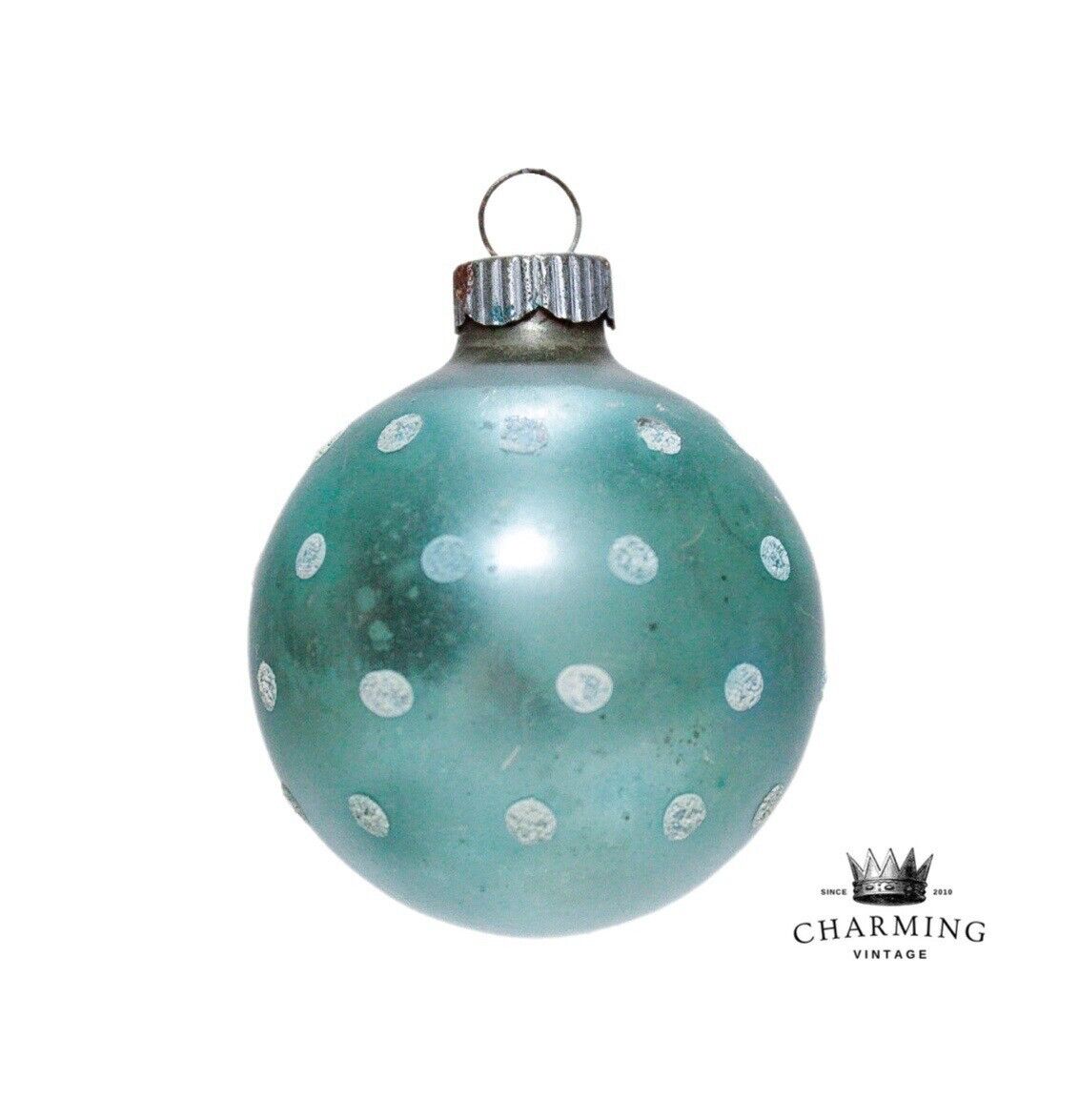 Vintage SHINY BRITE Stencil Mica Teal Polka Dot Ball Glass Christmas Ornament 2