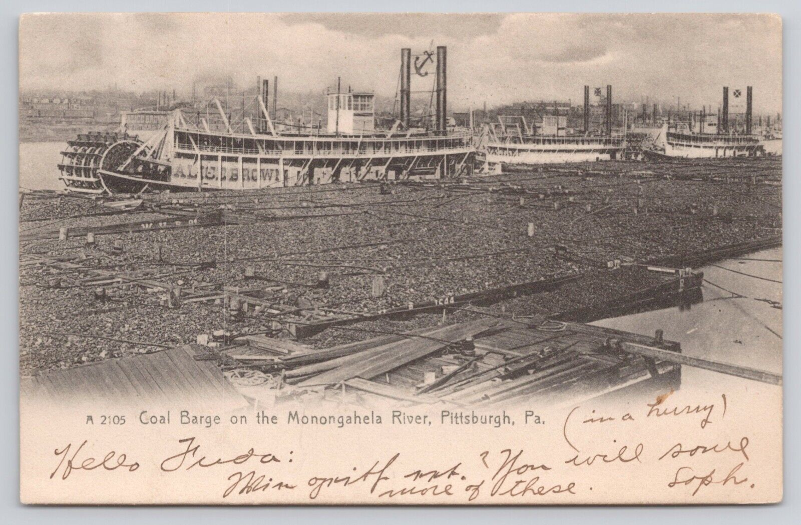 Coal Barge Monongahela River Pittsburgh Pennsylvania PA Rotograph 1906 Postcard