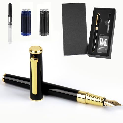 Black Fountain Pen Set, Medium Nib, Includes 10 Ink Cartridges, 2 Ink Refill ...