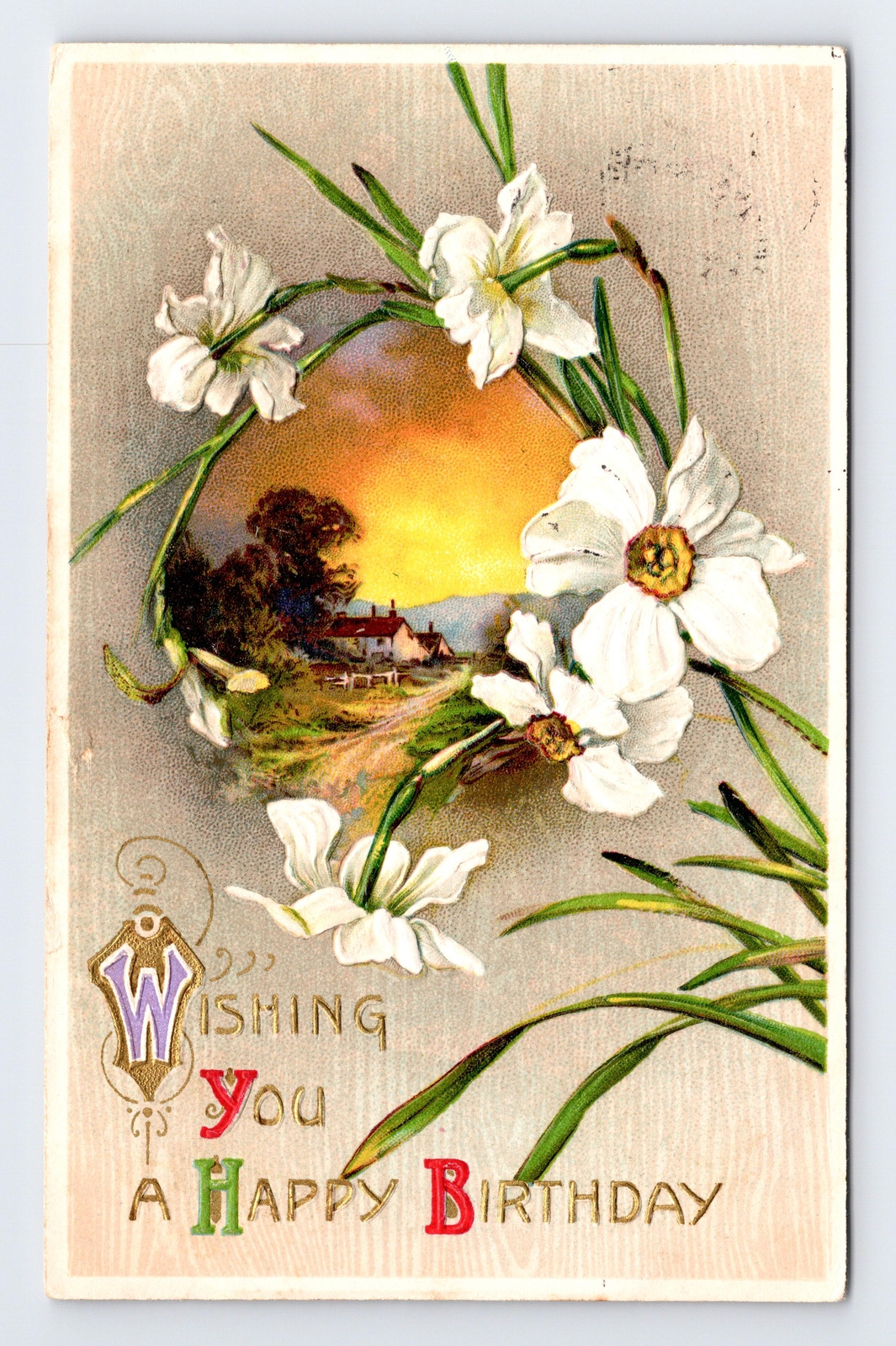 c1909 DB Postcard Happy Birthday Cupped White Daffodil Farmhouse Winsch Back