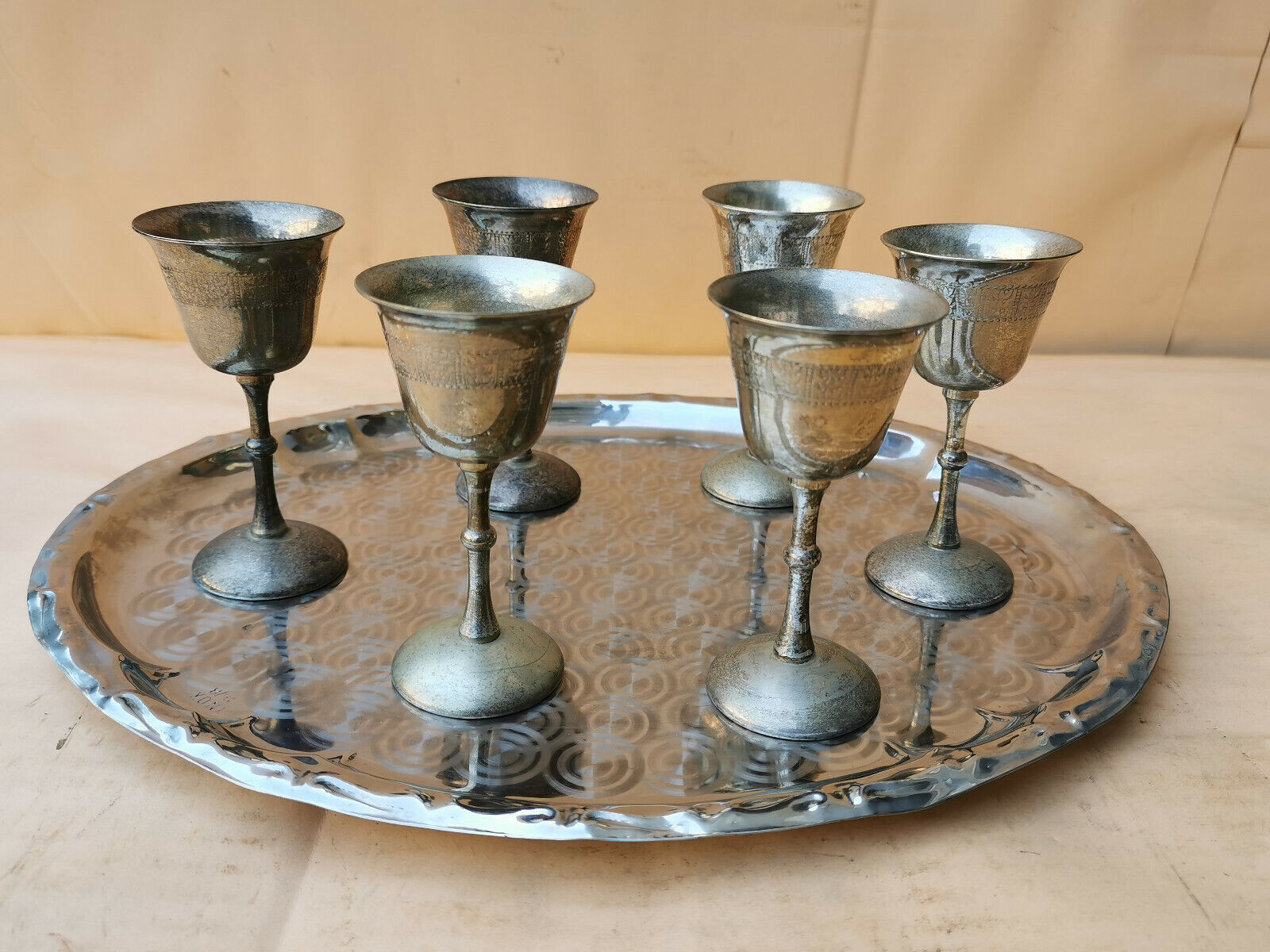 OLD VINTAGE SILVER PLATED GOBLETS CHALICE CUPS  MARKED 6 CUPS + TRAY 
