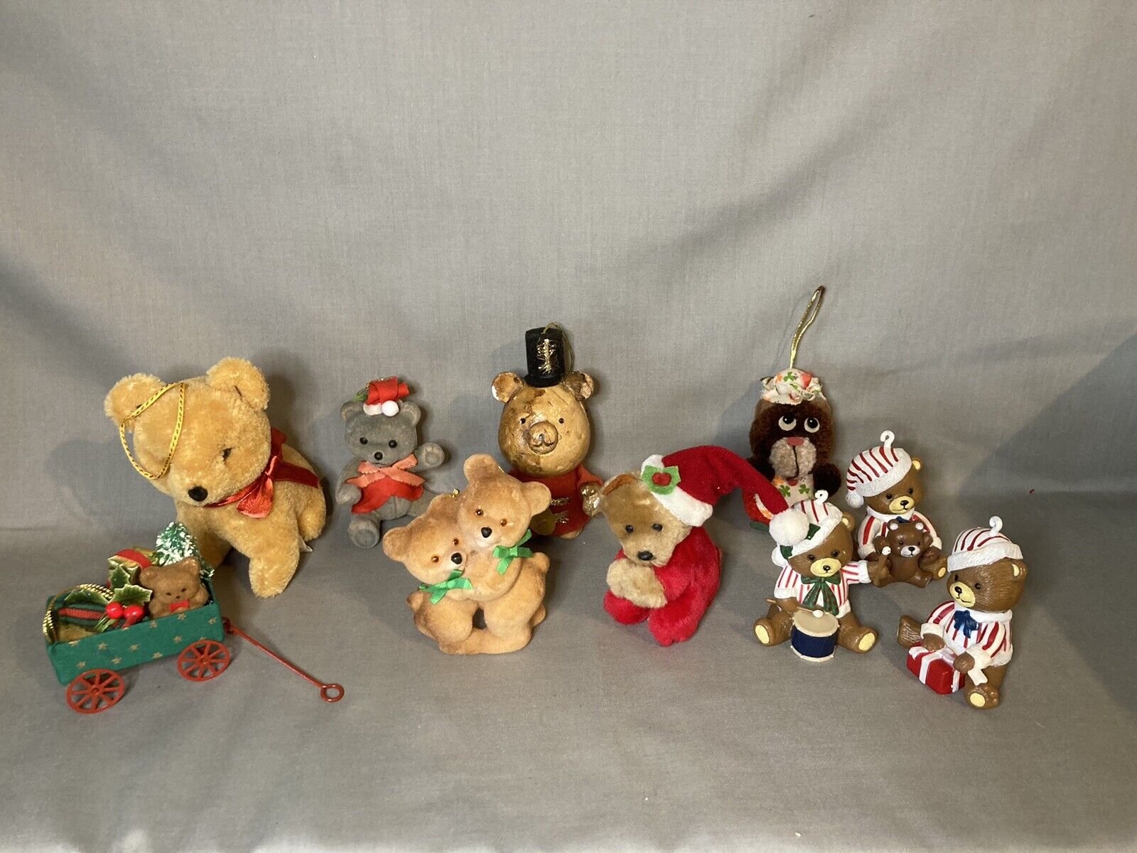 Vintage Teddy Bear Christmas Ornaments Pom Pom Flocked  Wool Plastic Gripper