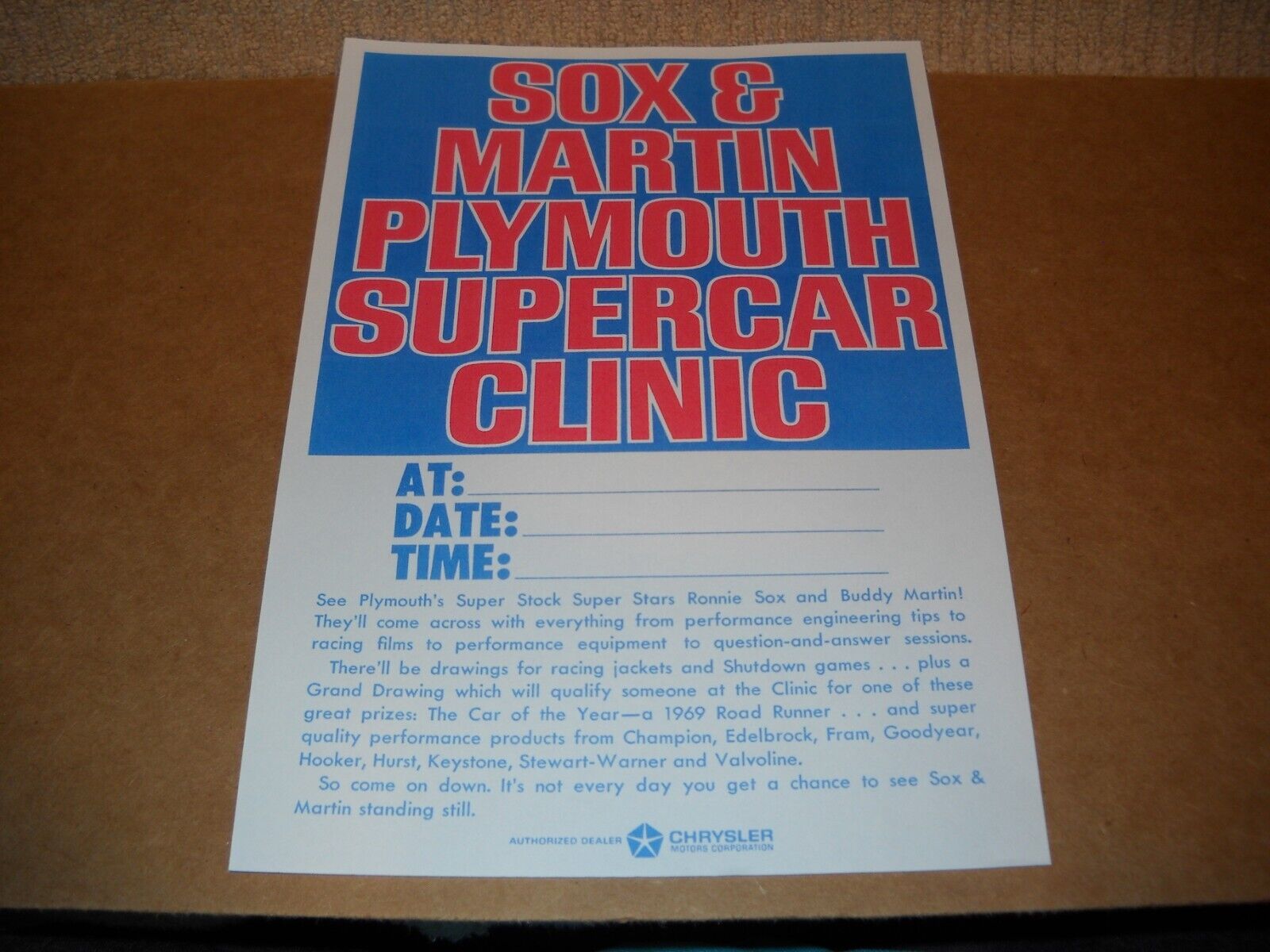 NOS Late 60's Early 70's Sox & Martin Supercar Clinic Dealership Bulletin/Flyer