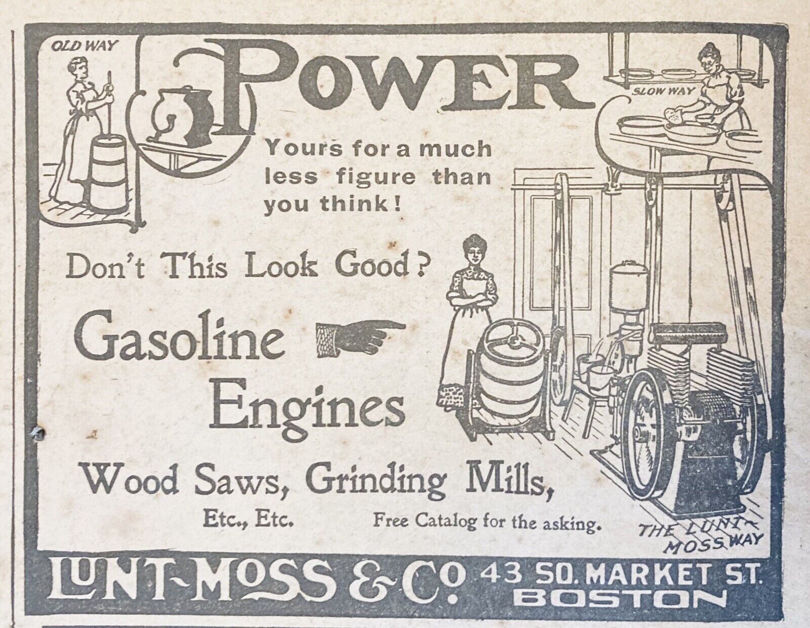 1905 AD(XH35)~LUNT, MOSS CO. BOSTON. WOOD SAWS, GRINDING MILL GASOLINE ENGINES