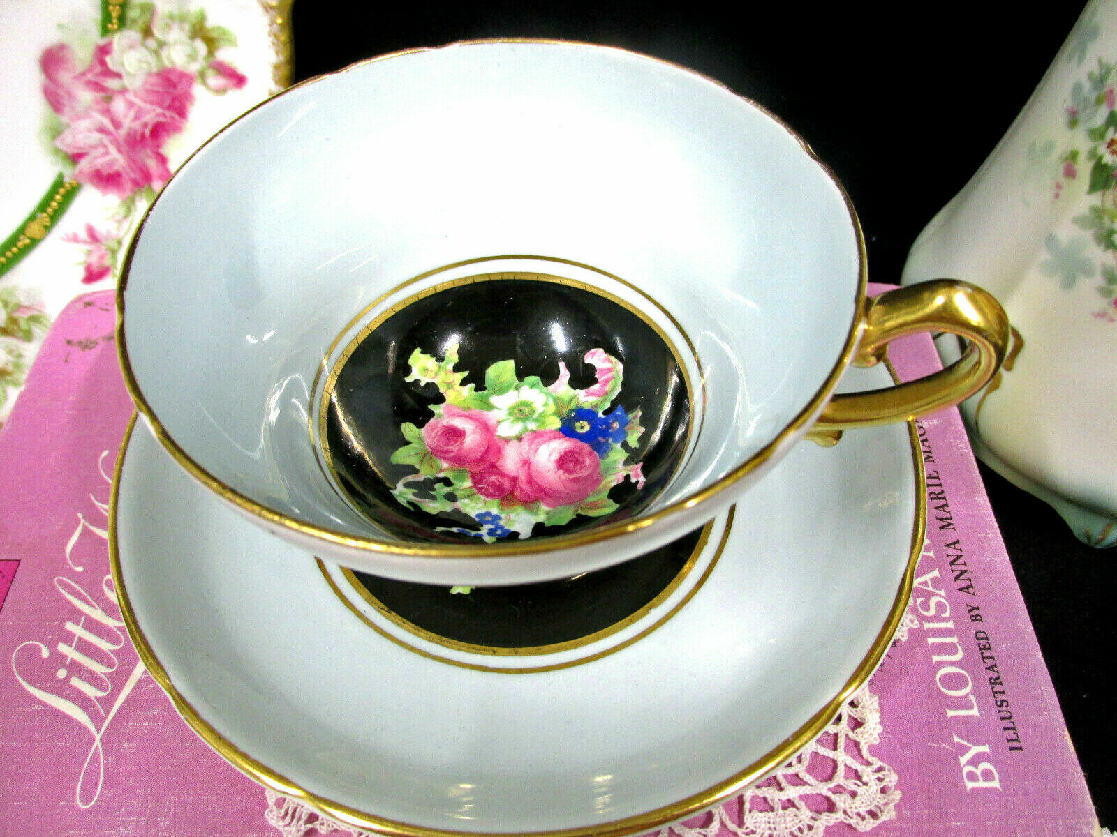 STANLEY tea cup and saucer pink rose painted baby blue color teacup England 50s 