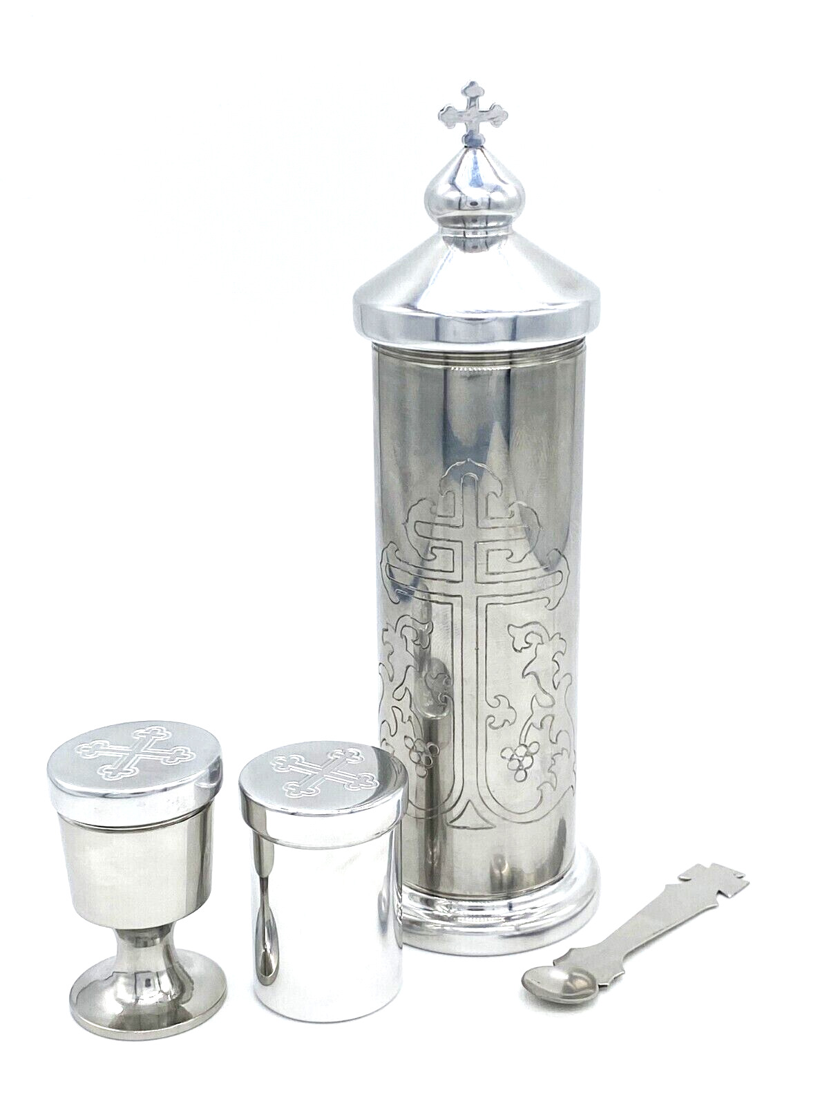 Tabernacle Engraved Metal Stainless Steel with 2 Potyr and 1 Spoon