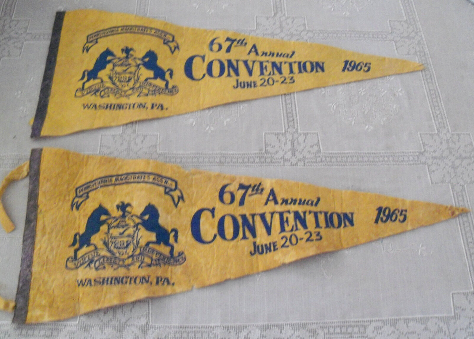 TWO Vintage Felt Pennants Pennsylvania Magistrates Association Convention 1965