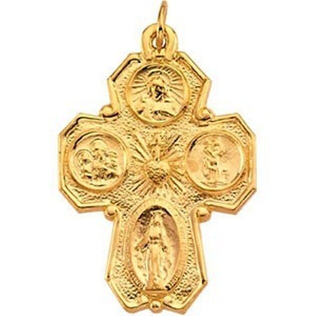 MRT Solid 14K Gold Four Way Scapular Medal Pendant w Necklace Catholic Cross 1\