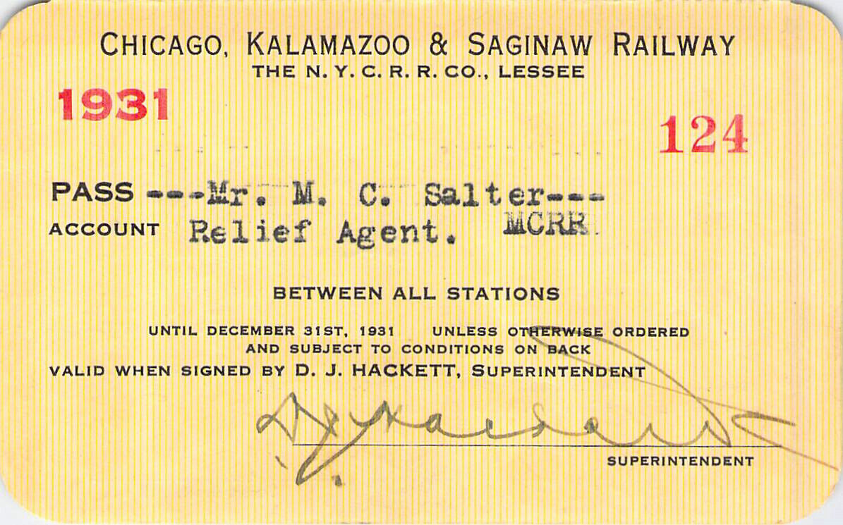 CHICAGO KALAMAZOO SAGINAW  LOW # 124  RAILROAD RR RY RAILWAY PASS