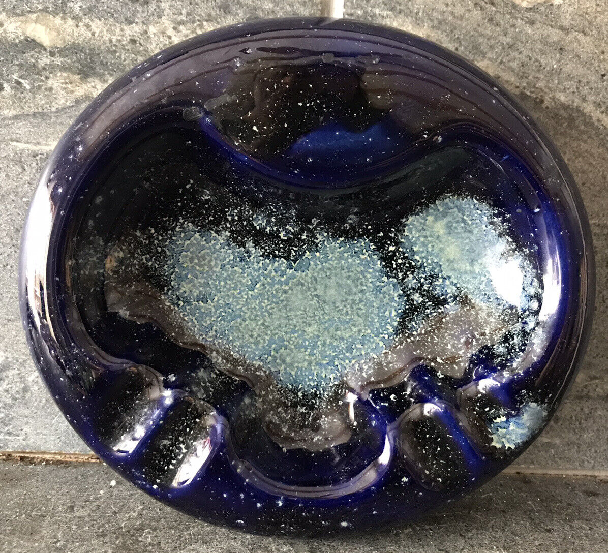 Vintage MCM Ashtray Art Pottery Lava Glaze Cobalt Blue TRIPPY MOD 1960s