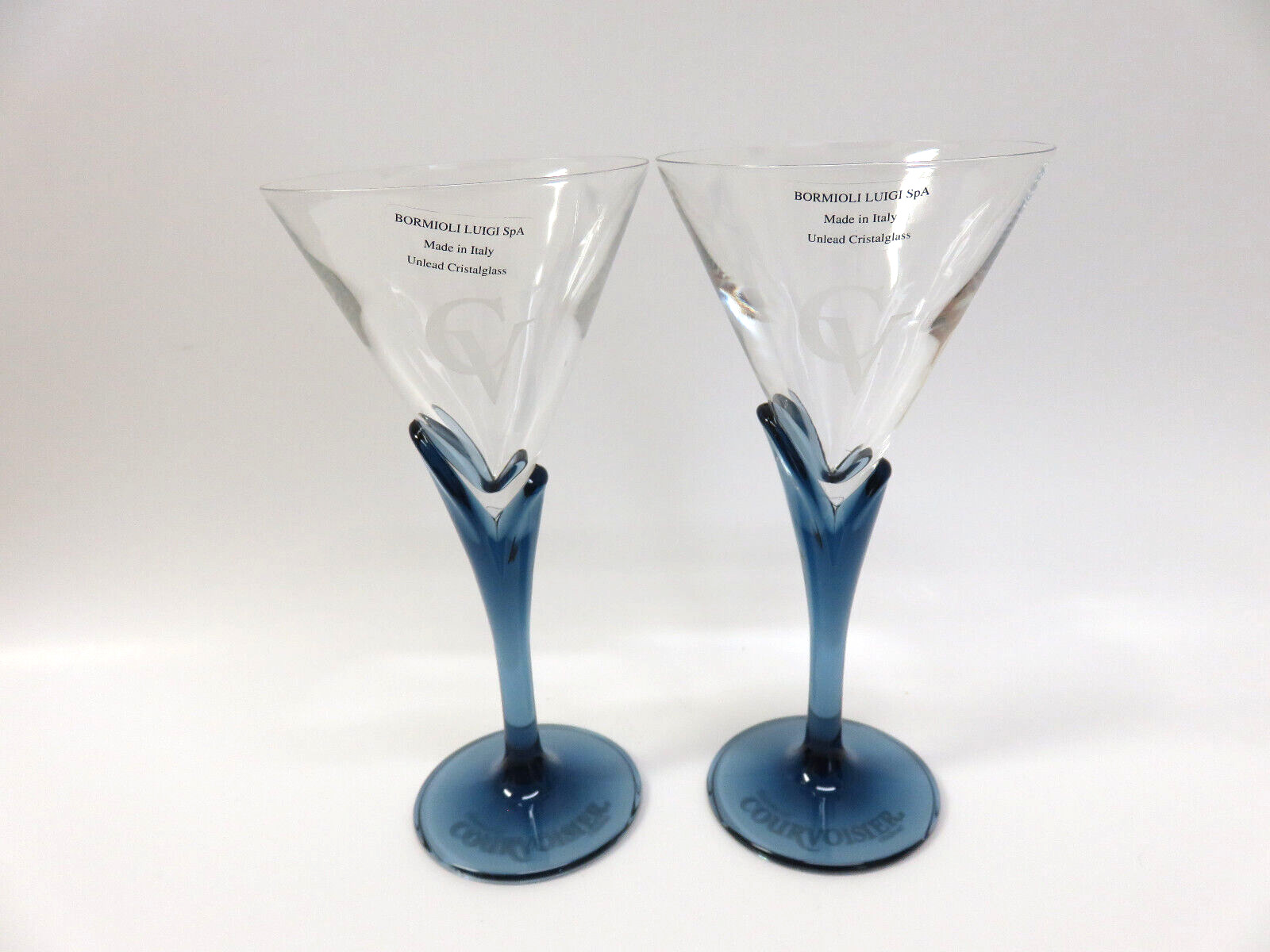 2 Bormioli Luigi Italy Courvoisier Blue Tulip Stem Martini Cognac Glasses